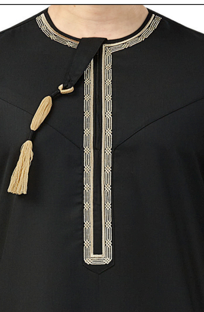 Black Premium Omani Mens Thobe with Gold Embroidery and Tassel