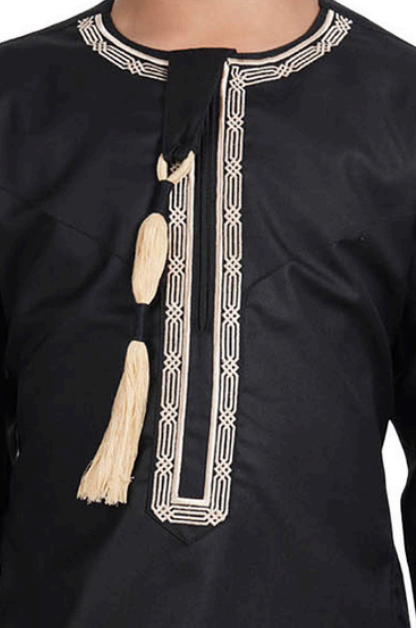 Black Premium Omani Toddlers Thobe with Gold Embroidery and Tassel