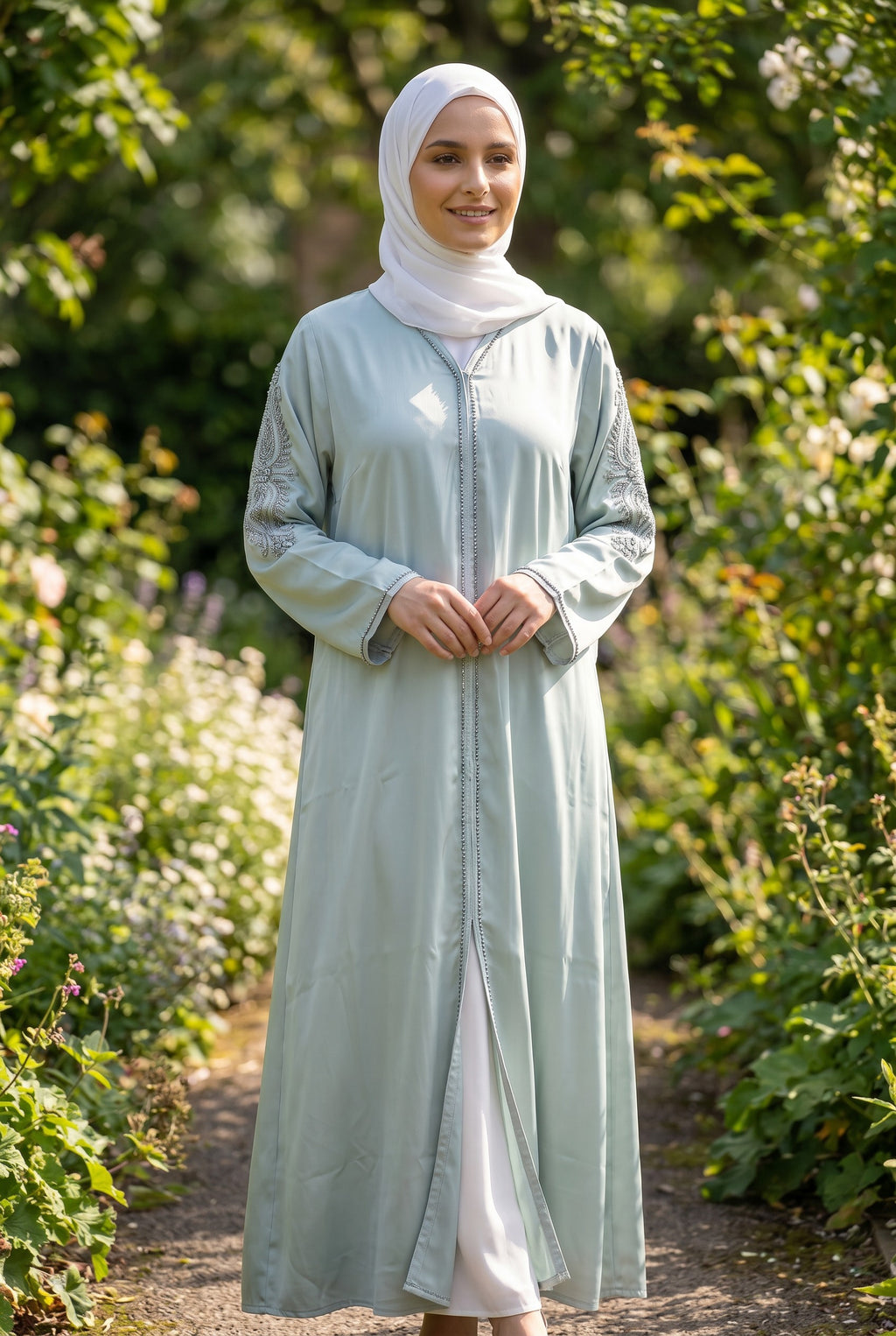 Luxury Soft Sage Beaded Abaya