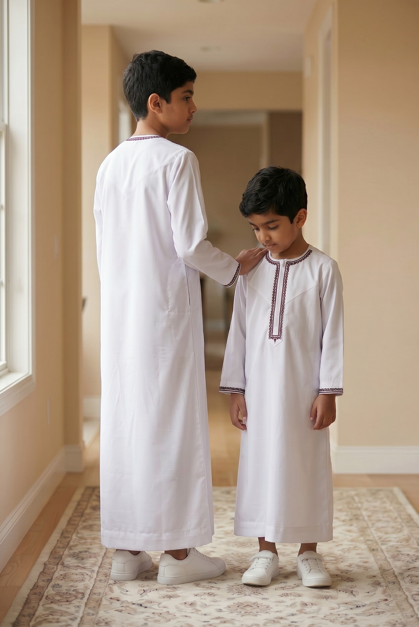 White Premium Omani Boys Thobe with Brown Embroidery