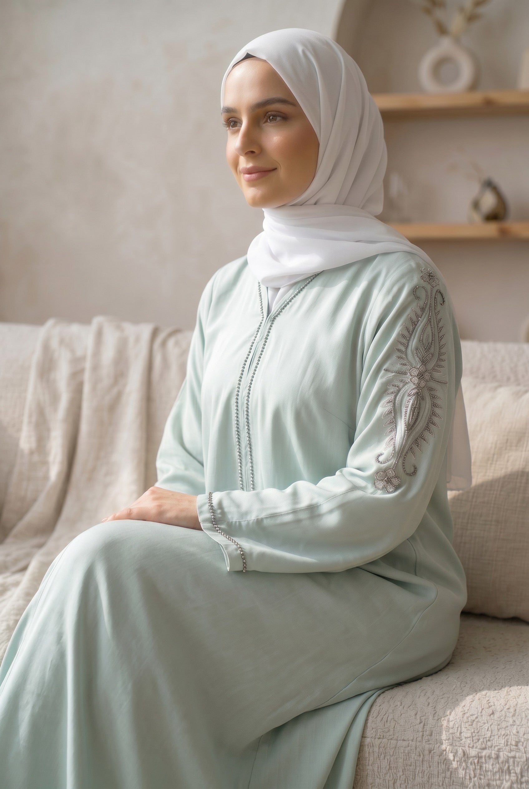 Luxury Soft Sage Beaded Abaya