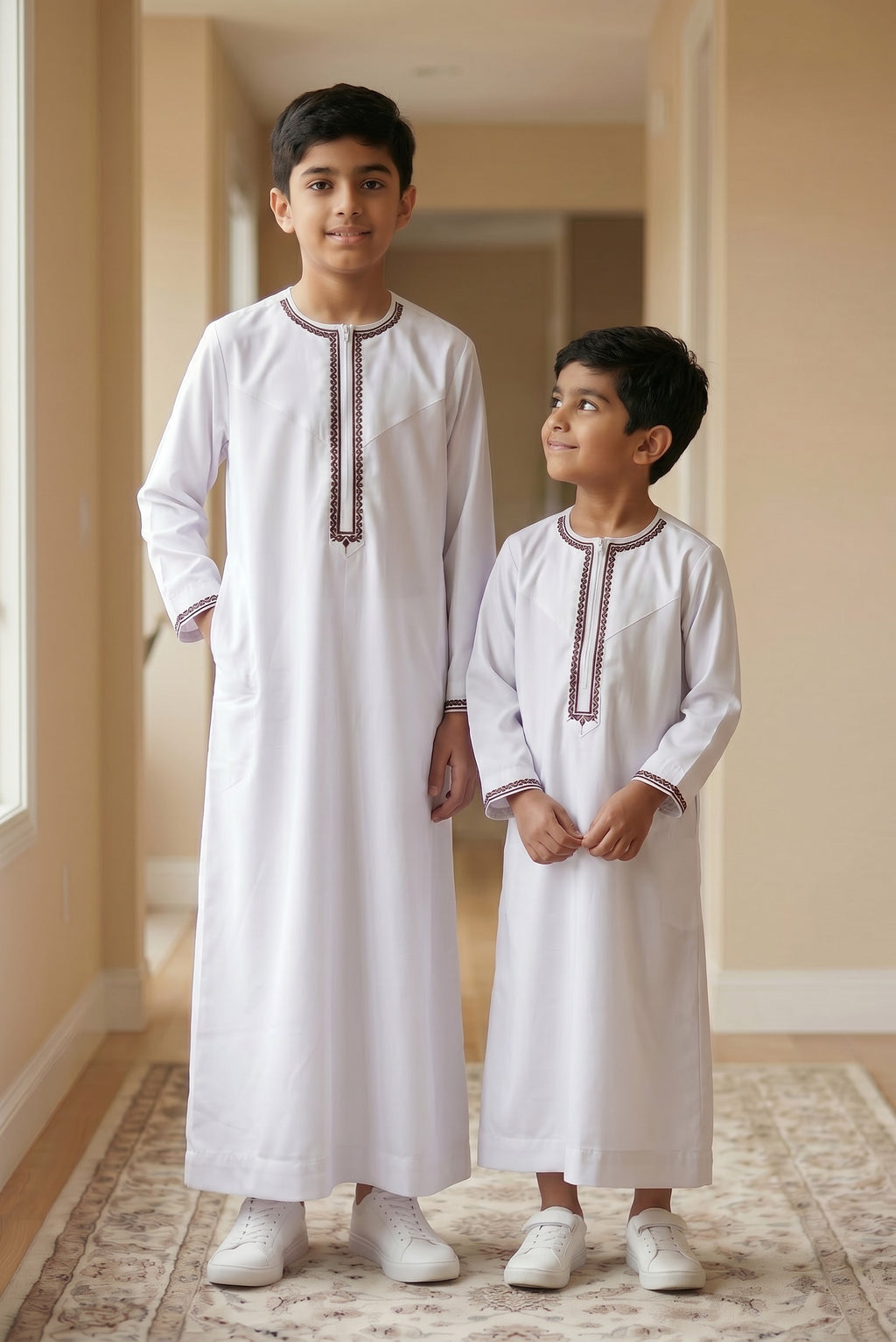 White Premium Omani Boys Thobe with Brown Embroidery