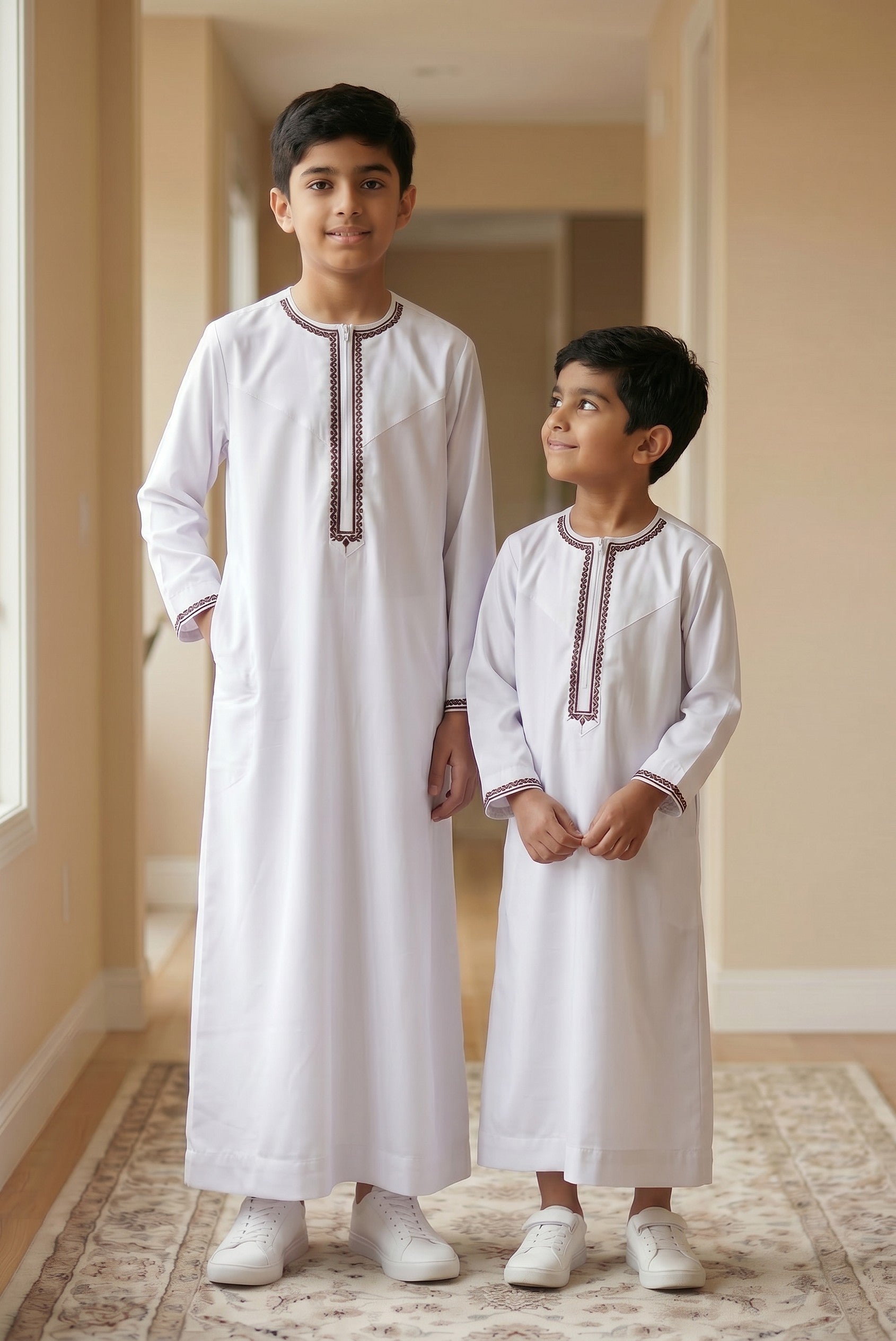 White Premium Omani Boys Thobe with Brown Embroidery