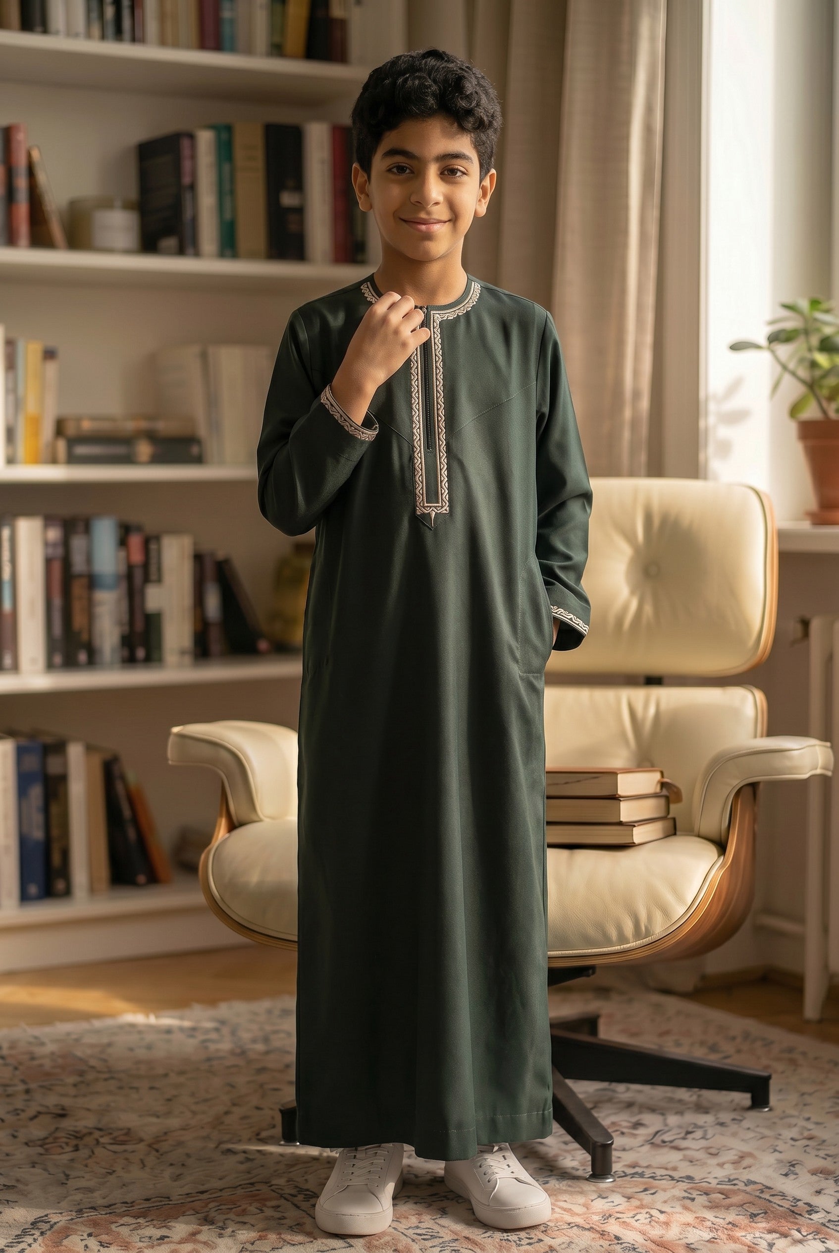 Forest Green Premium Omani Boys Thobe with Silver Embroidery