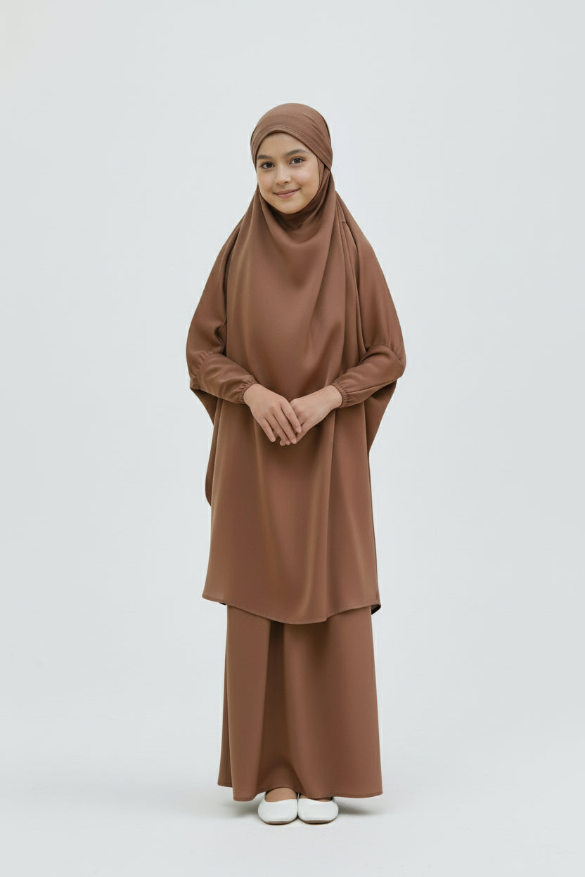 Brown Camel Satin Khimar Set