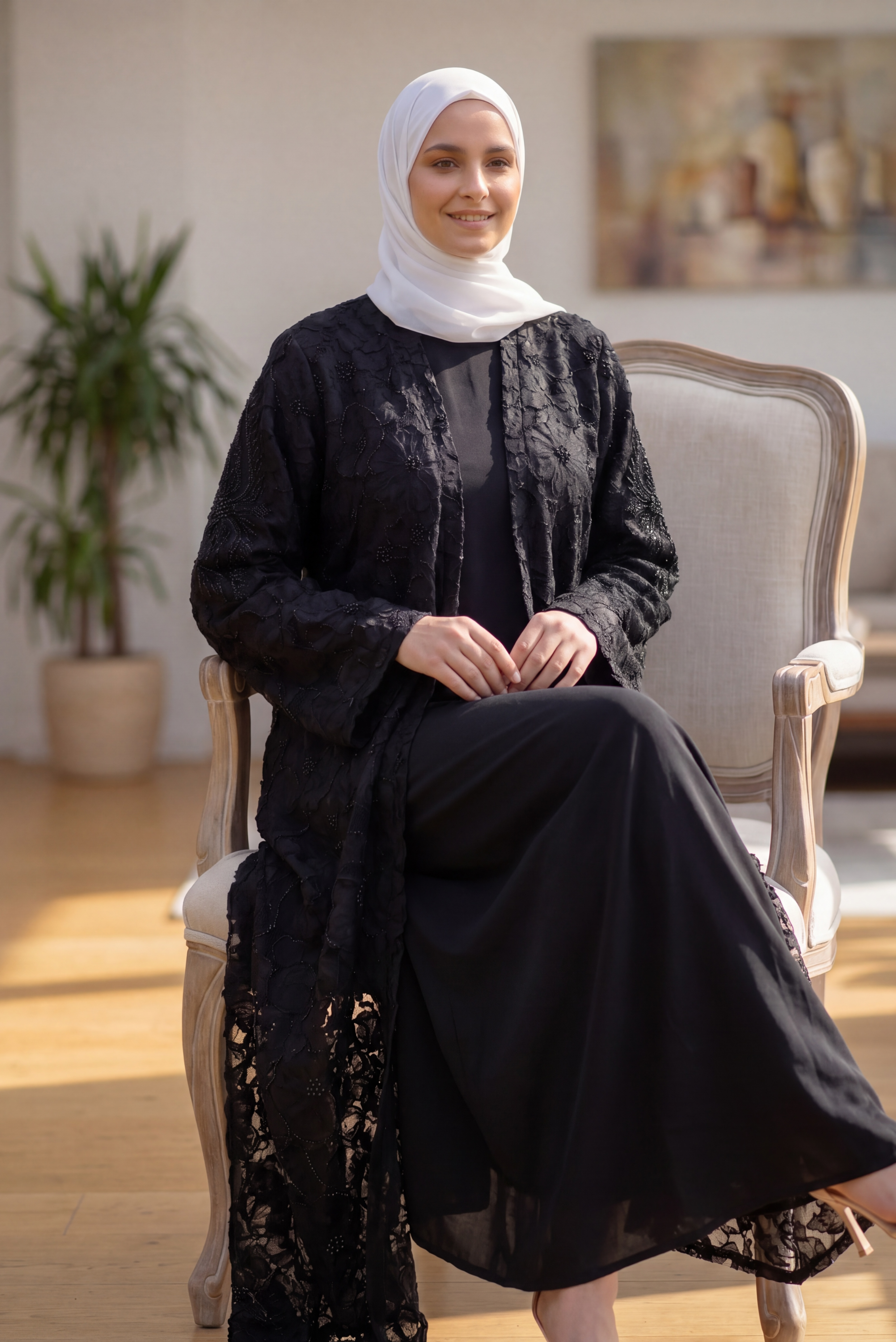 Black Floral Lace Open Abaya with Matching Inner Slip