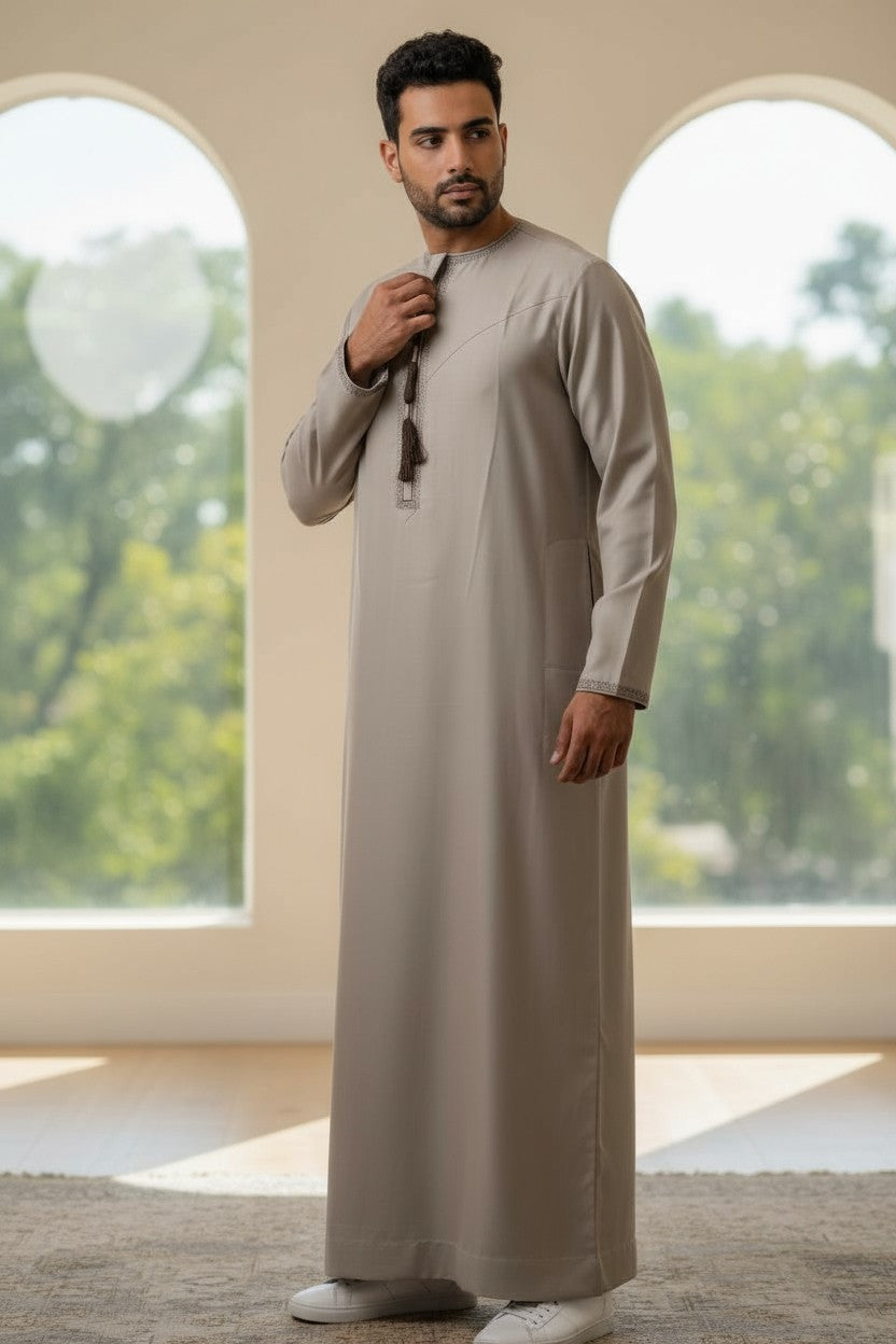 Camel Brown Premium Omani Men's Thobe with Brown Embroidery and Tassel