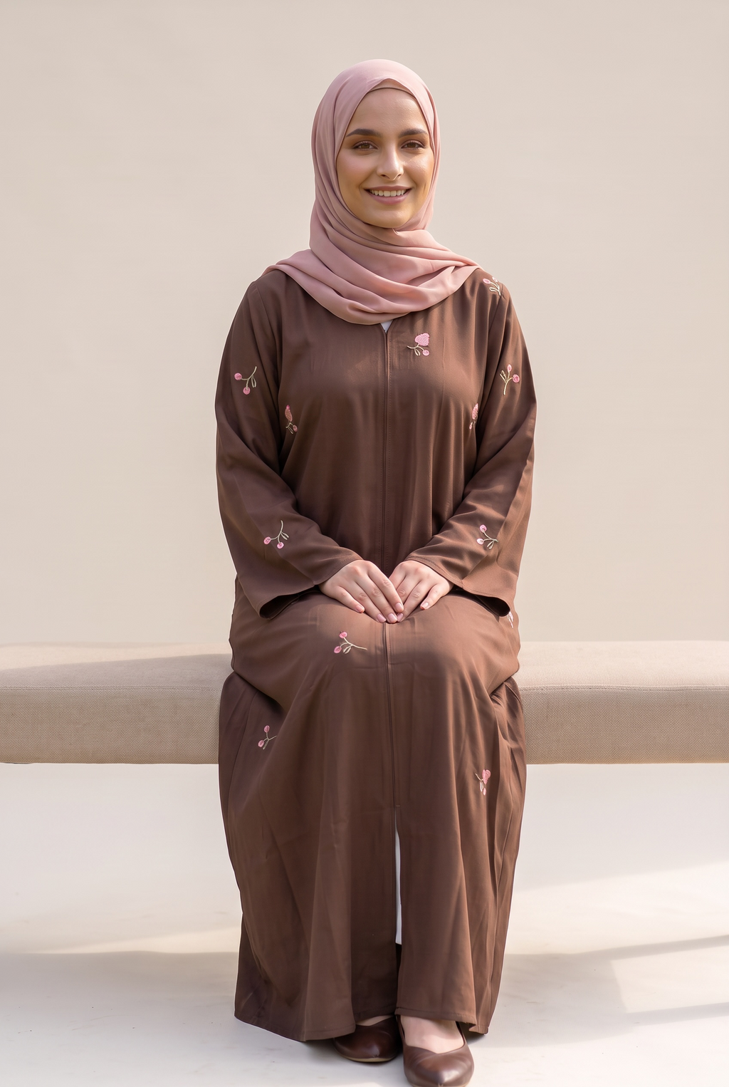 Chocolate Embroidery Open Abaya Jacket