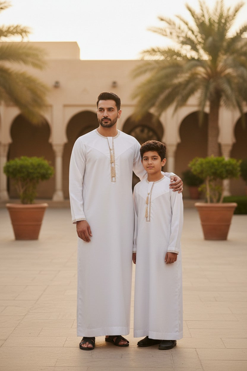 White Premium Omani Boys Thobe with Gold Embroidery and Tassel