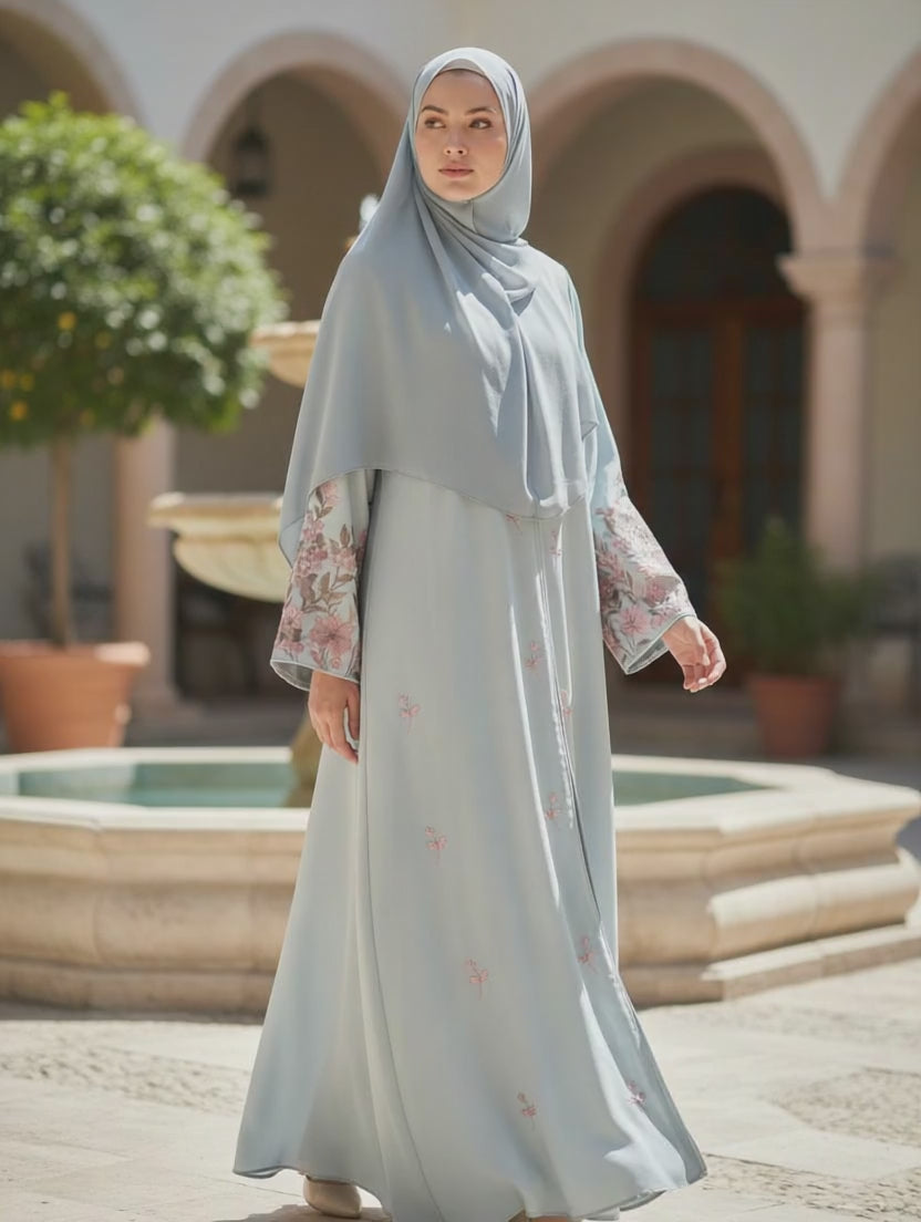 Baby Blue Embroidery Open Abaya Jacket