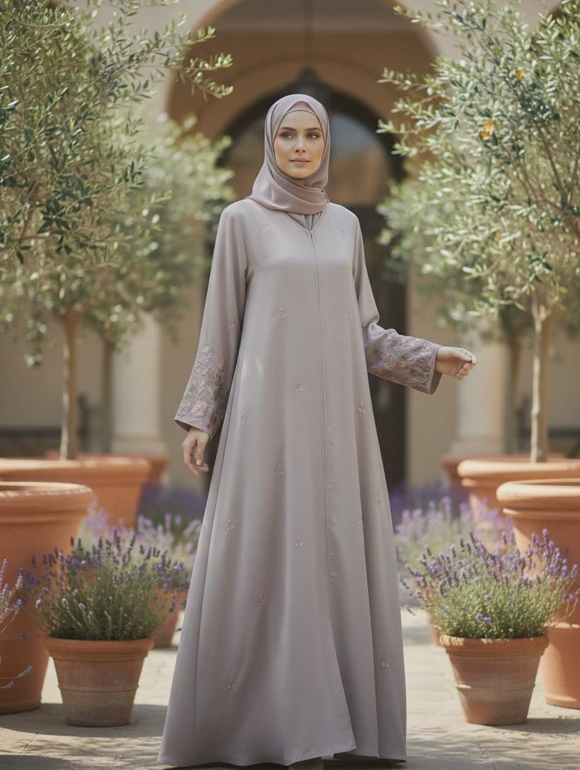 Mink Brown Embroidery Open Abaya Jacket