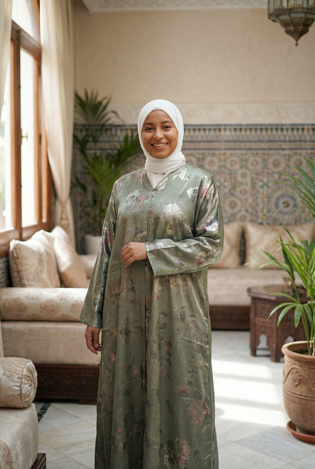 Sage Floral Foil Abaya