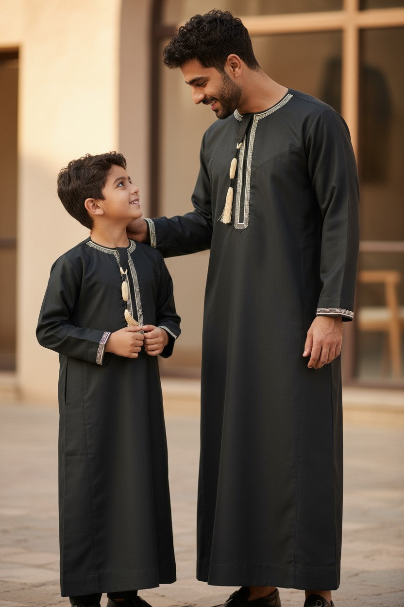 Black Premium Omani Toddlers Thobe with Gold Embroidery and Tassel