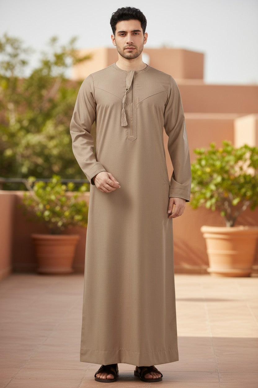 Beige Premium Omani Mens Thobe with Beige Embroidery and Tassel