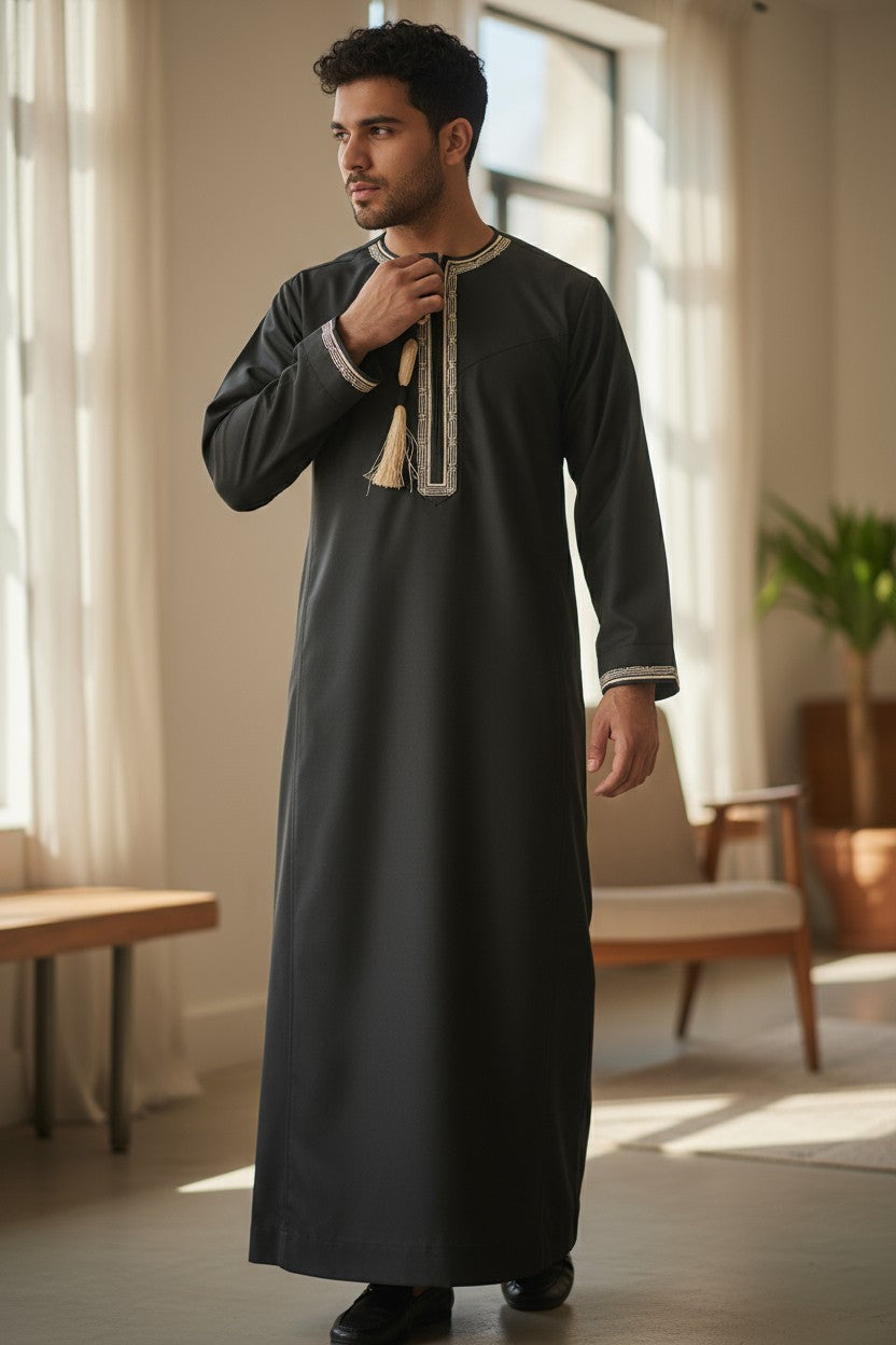 Black Premium Omani Mens Thobe with Gold Embroidery and Tassel