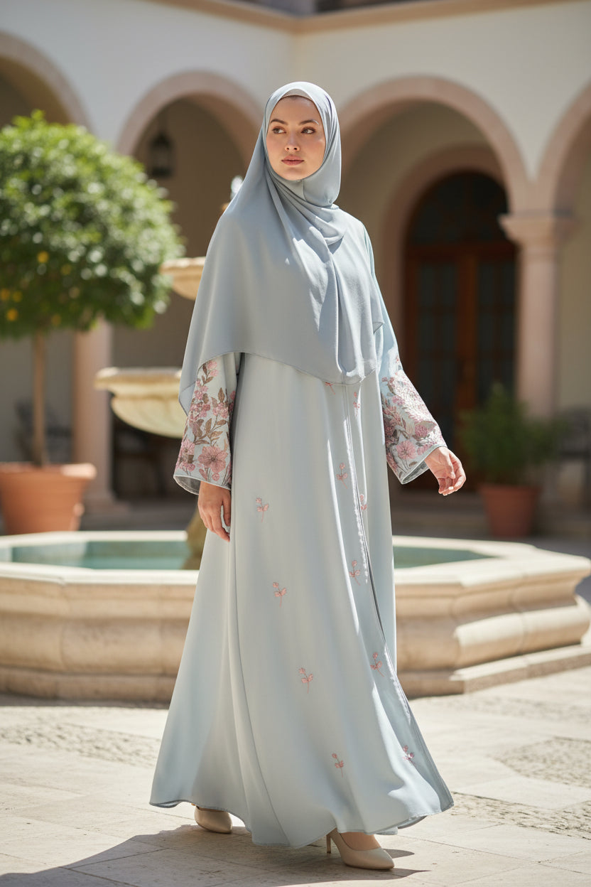 Baby Blue Embroidery Open Abaya Jacket
