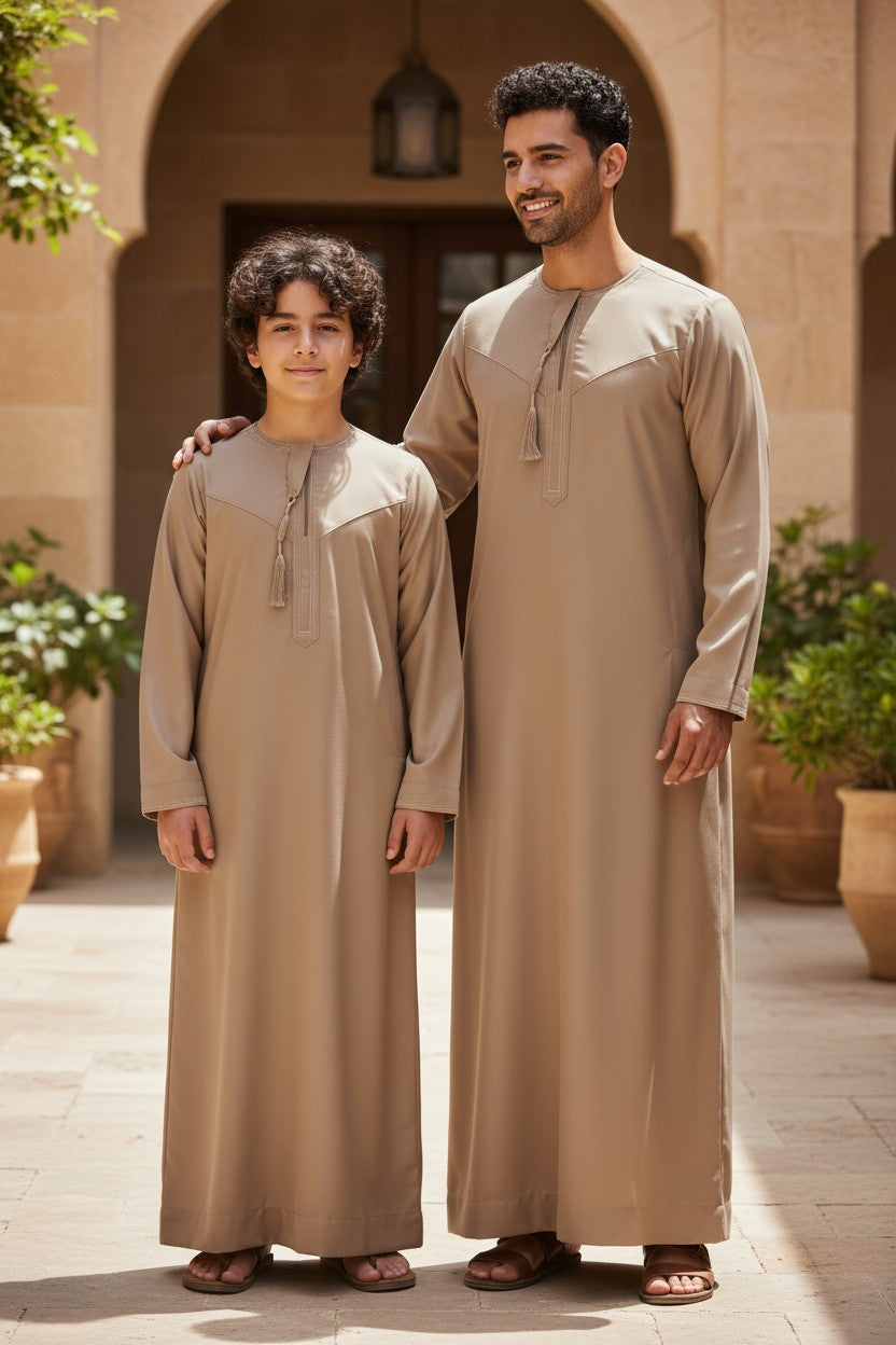 Beige Premium Omani Boys Thobe with Beige  Embroidery and Tassel
