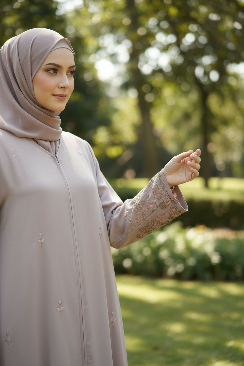 Mink Brown Embroidery Open Abaya Jacket
