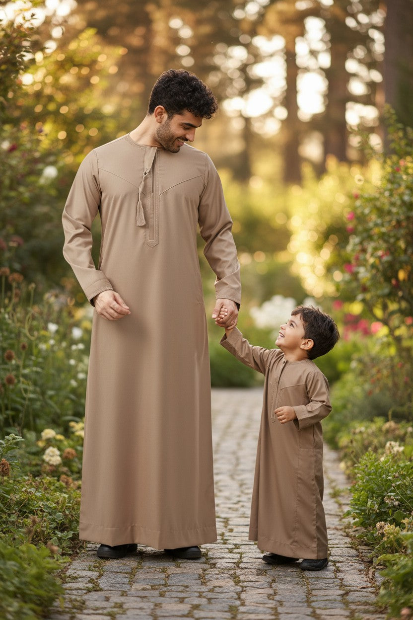 Beige Premium Omani Toddlers Thobe with Beige Embroidery and Tassel