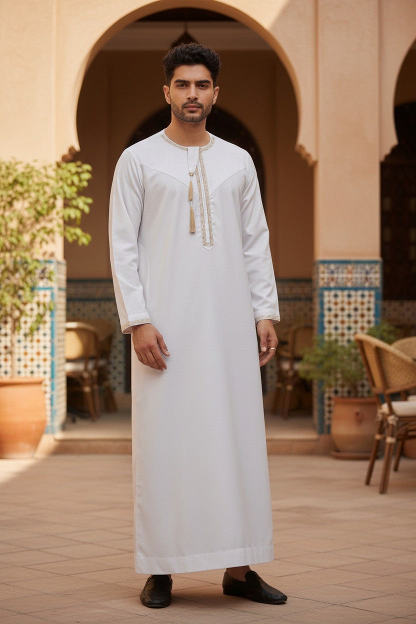 White Premium Omani Mens Thobe with Gold Embroidery and Tassel