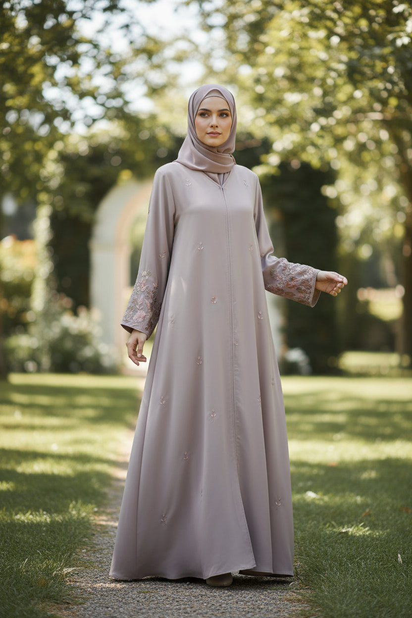 Mink Brown Embroidery Open Abaya Jacket
