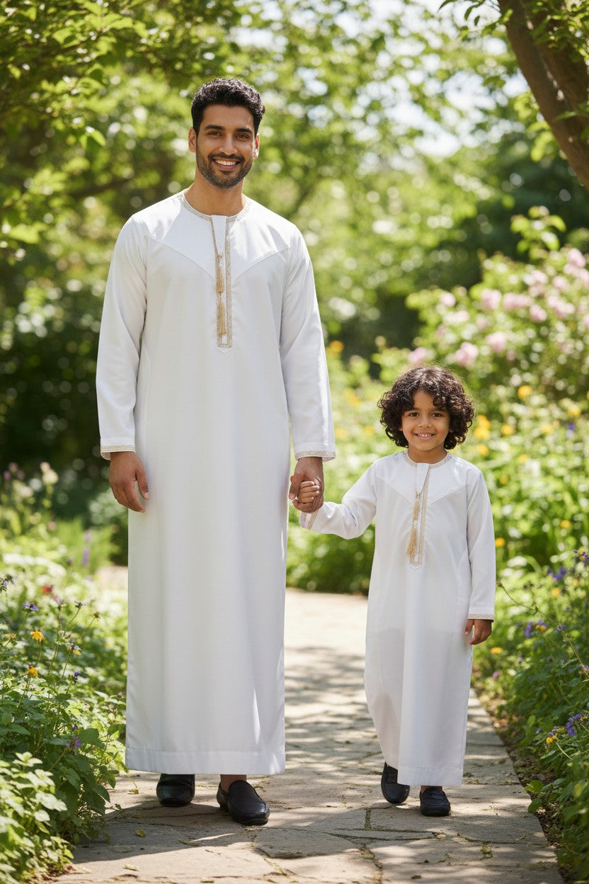 White Premium Omani Toddler Thobe with Gold Embroidery and Tassel