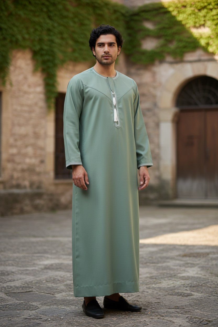 Pistachio Green Premium Omani Men's Thobe with White Embroidery and Tassel