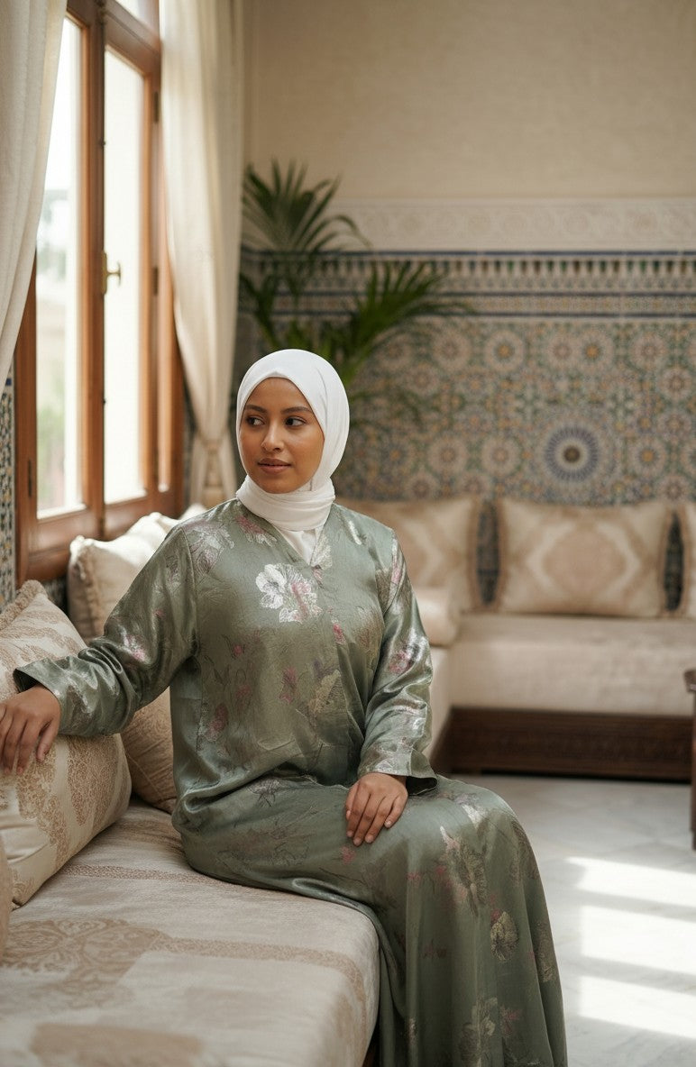 Sage Floral Foil Abaya