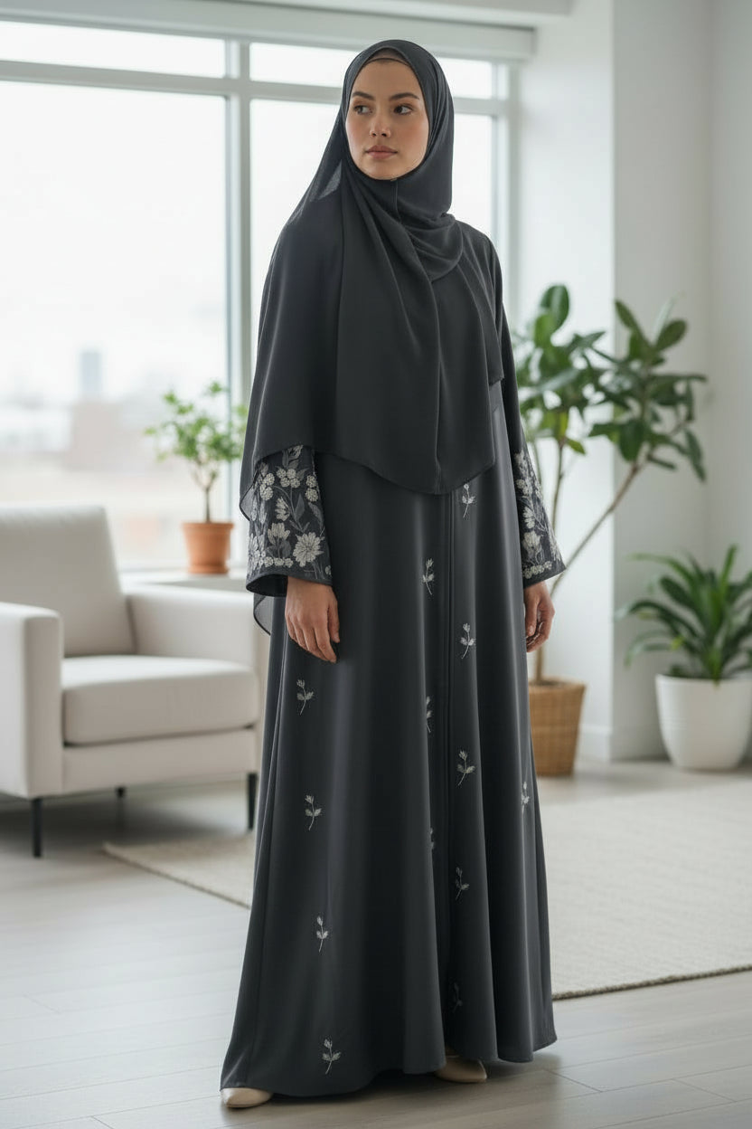 Dark Grey Embroidery Open Abaya Jacket
